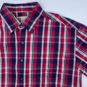 Plaid Cotton Short Sleeve Button Shirt Casual Red White Blue Cotton